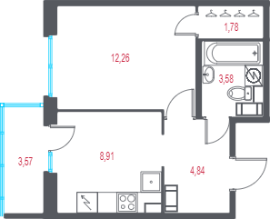 1-комнатная квартира, 32.44 м² в ЖК "Город-спутник Южный" - планировка, фото №1