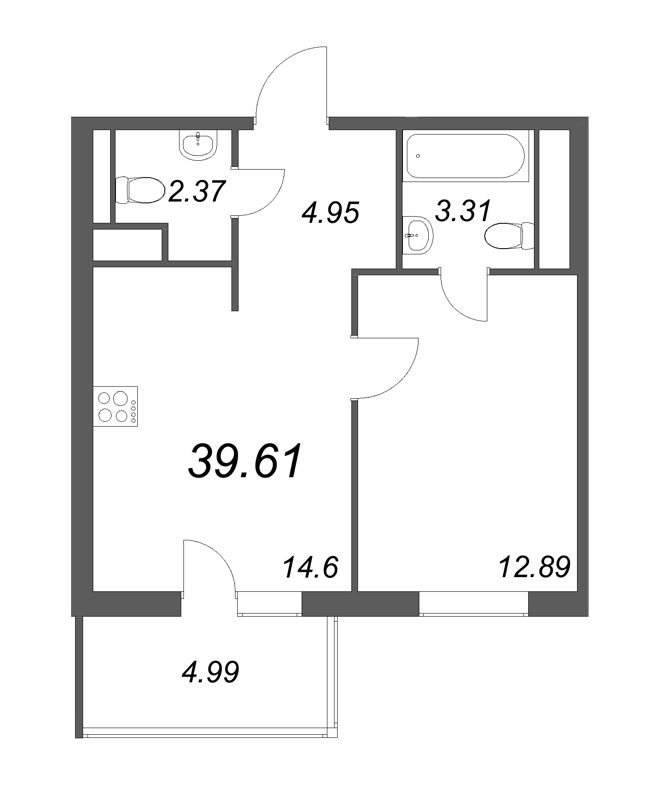 1-комнатная квартира, 39.61 м² - планировка, фото №1