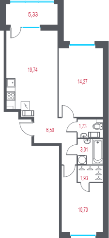 3-комнатная (Евро) квартира, 59.48 м² - планировка, фото №1