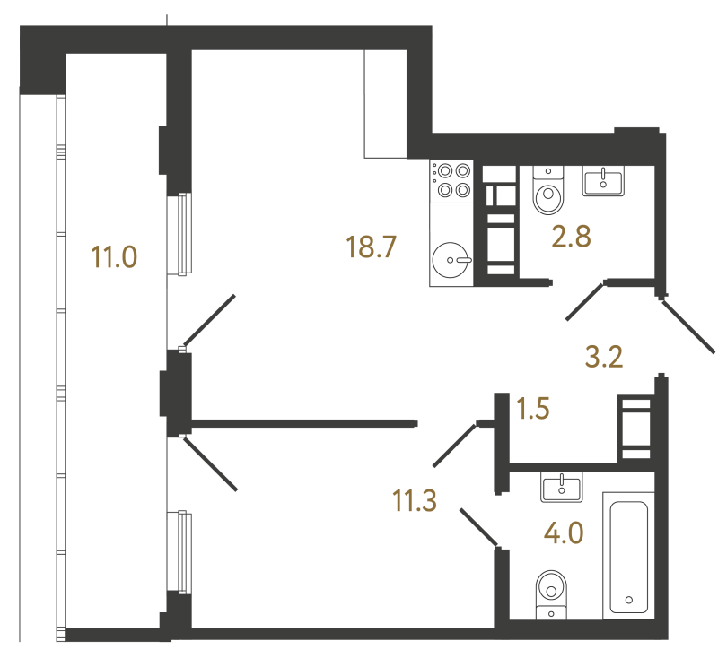 2-комнатная (Евро) квартира, 41.5 м² в ЖК "Гений" - планировка, фото №1
