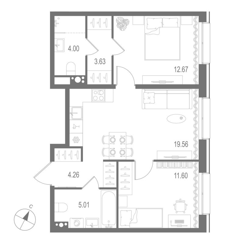 3-комнатная (Евро) квартира, 60.73 м² в ЖК "Остров Первых" - планировка, фото №1
