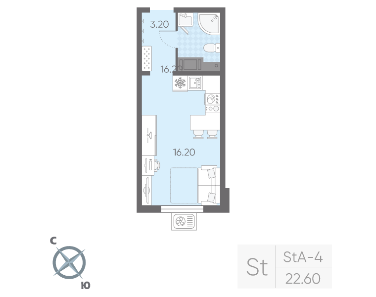 Квартира-студия, 22.6 м² в ЖК "Ручьи" - планировка, фото №1