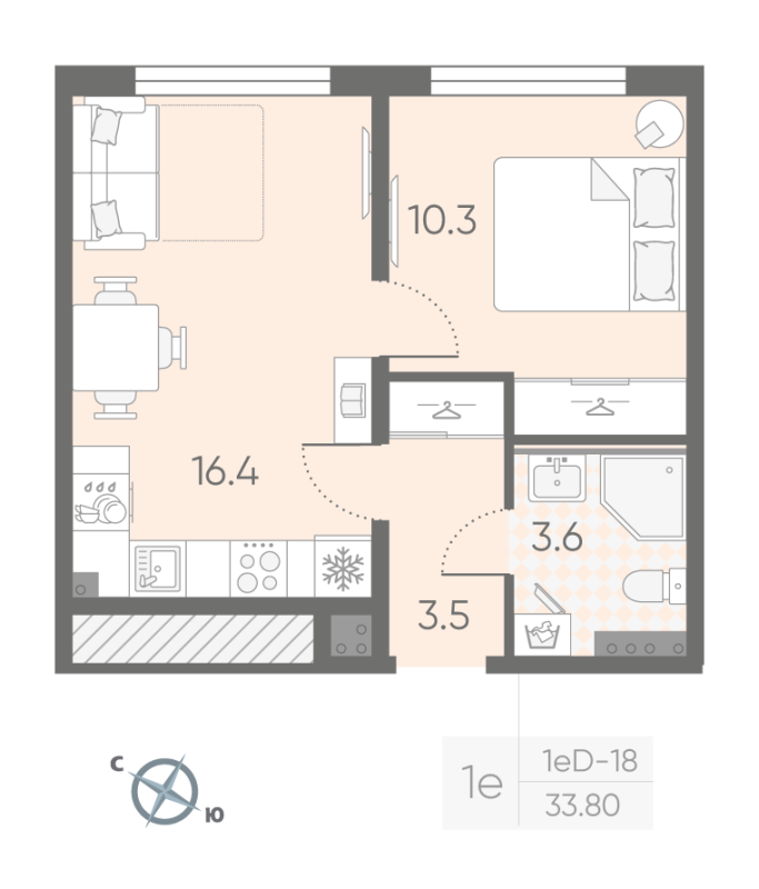 2-комнатная (Евро) квартира, 33.8 м² в ЖК "Пулково Lake" - планировка, фото №1