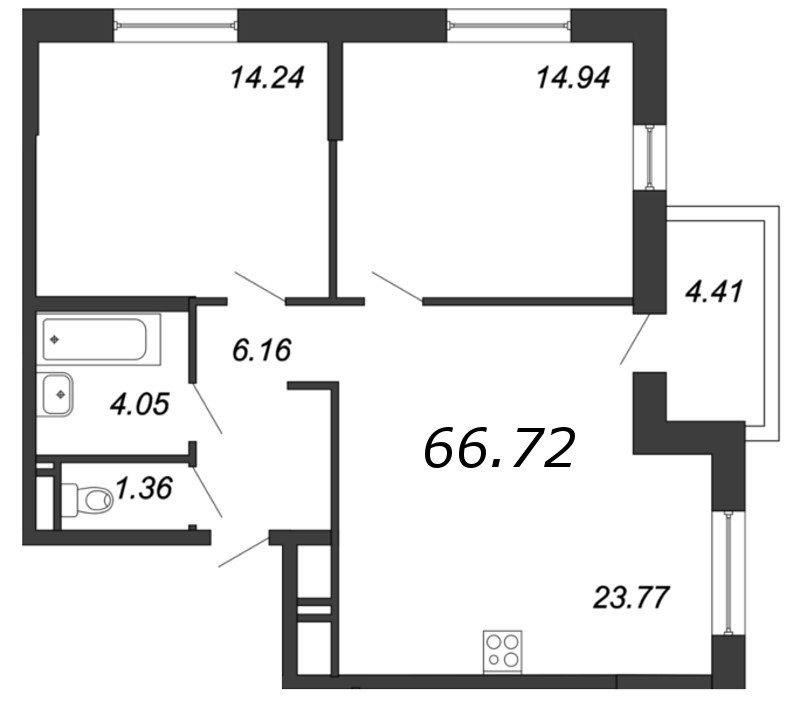 3-комнатная (Евро) квартира, 67 м² в ЖК "Магеллан" - планировка, фото №1