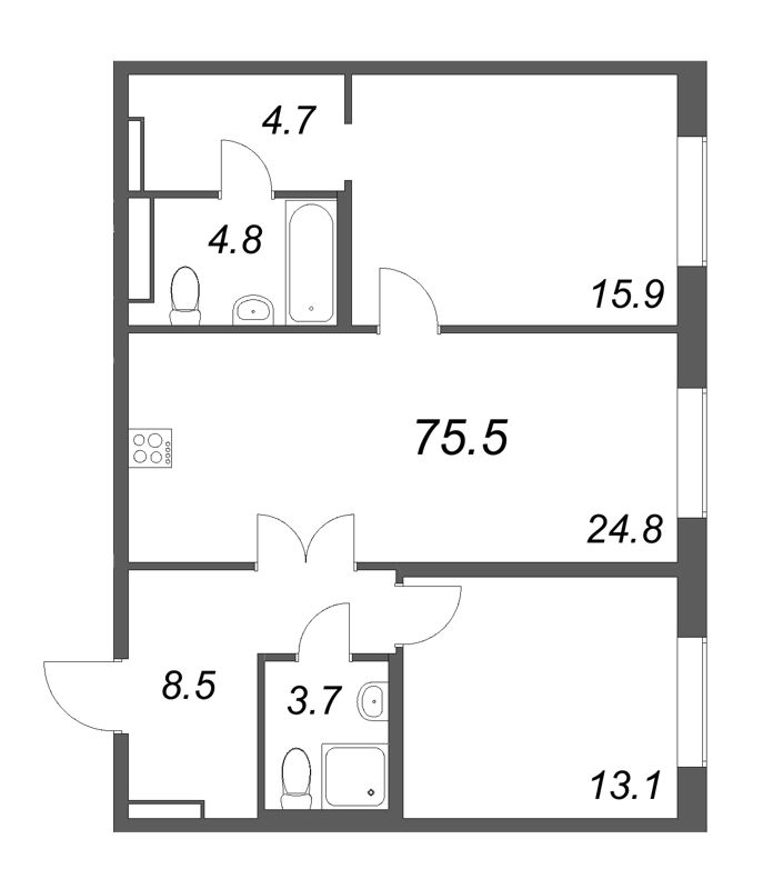 3-комнатная (Евро) квартира, 75.6 м² в ЖК "Визионер" - планировка, фото №1