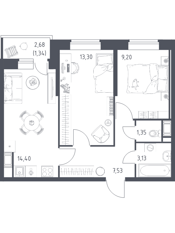 2-комнатная квартира, 50.25 м² в ЖК "Живи! В Рыбацком" - планировка, фото №1