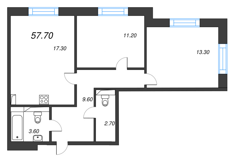 3-комнатная (Евро) квартира, 57.7 м² в ЖК "Большая Охта" - планировка, фото №1