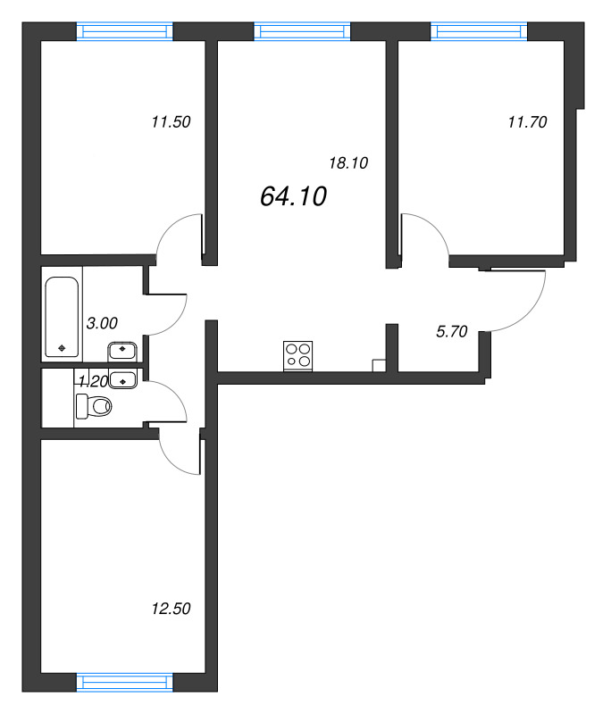 3-комнатная (Евро) квартира, 64.1 м² - планировка, фото №1