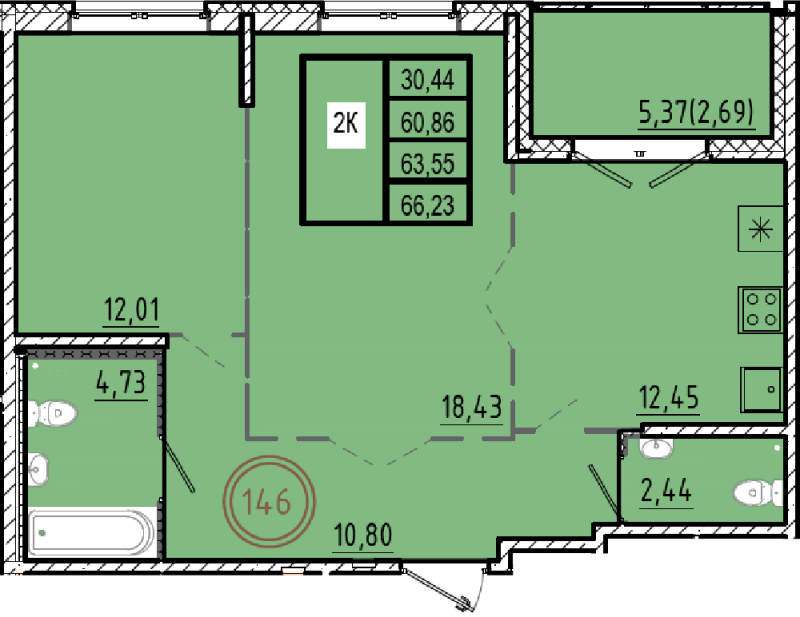 2-комнатная квартира, 60.86 м² в ЖК "Образцовый квартал 9.1" - планировка, фото №1
