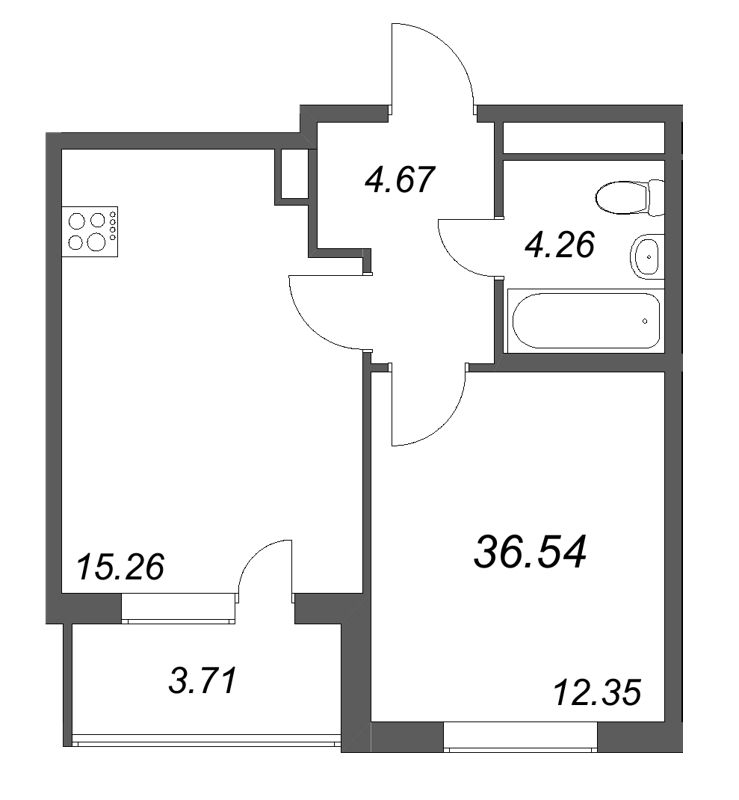 2-комнатная (Евро) квартира, 36.54 м² в ЖК "ЮгТаун" - планировка, фото №1