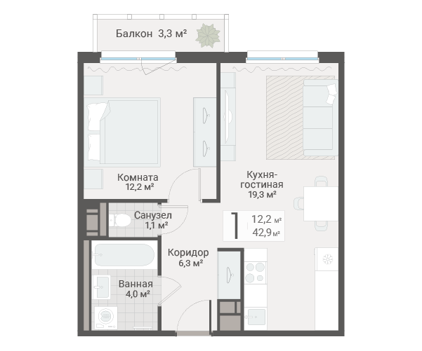 2-комнатная (Евро) квартира, 42.9 м² в ЖК "Руднева 15" - планировка, фото №1