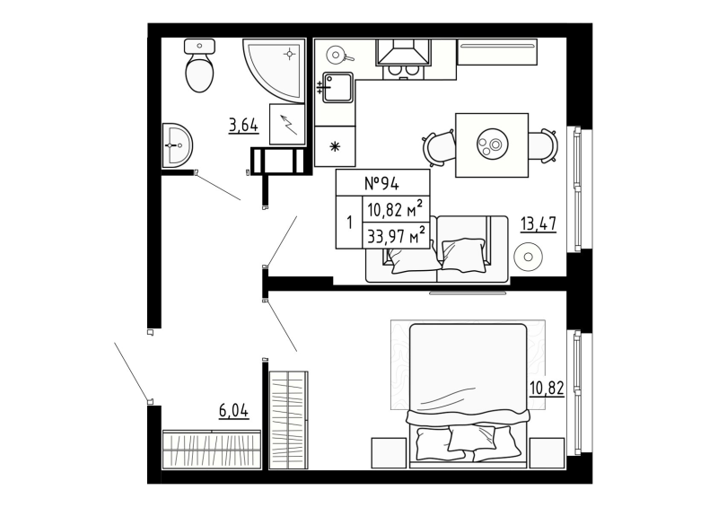 1-комнатная квартира, 33.97 м² - планировка, фото №1