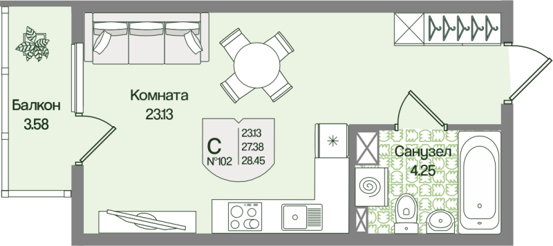 Квартира-студия, 28.45 м² в ЖК "Охтинские высоты" - планировка, фото №1