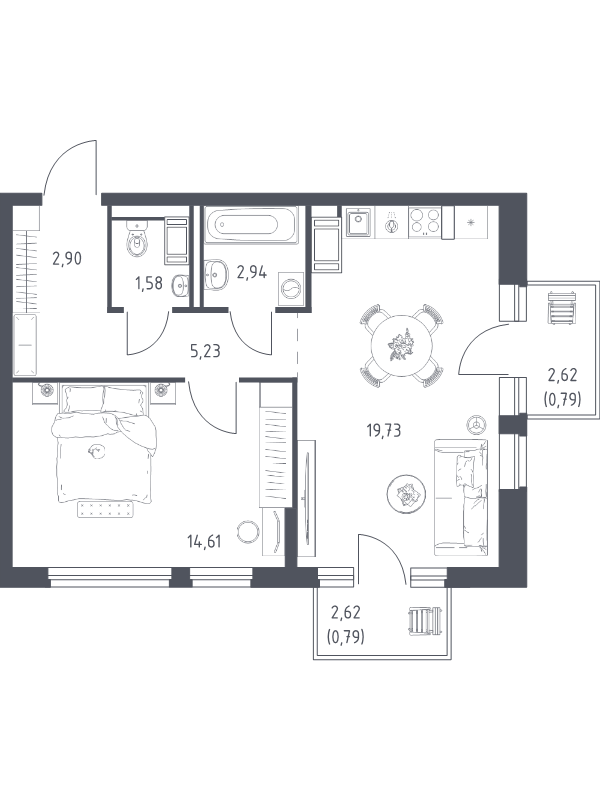 2-комнатная (Евро) квартира, 48.57 м² в ЖК "Новое Колпино" - планировка, фото №1