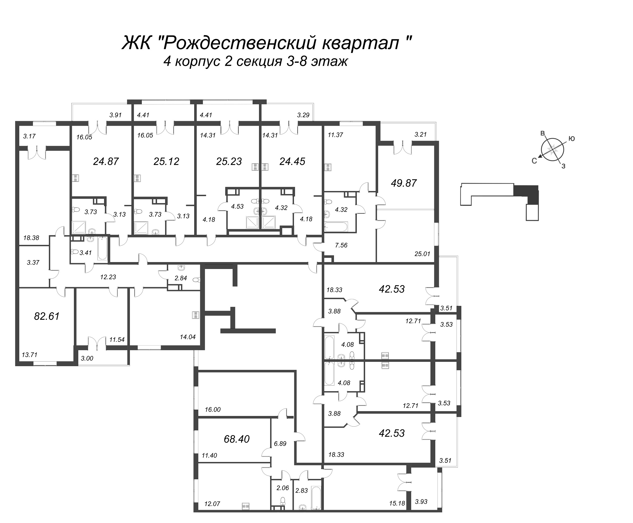 3-комнатная квартира, 68.4 м² - планировка этажа