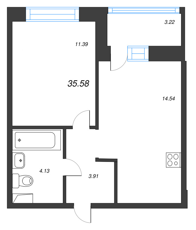 1-комнатная квартира, 35.58 м² в ЖК "Уютный" - планировка, фото №1