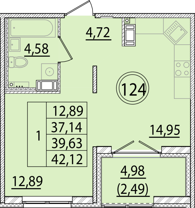 1-комнатная квартира, 37.14 м² - планировка, фото №1