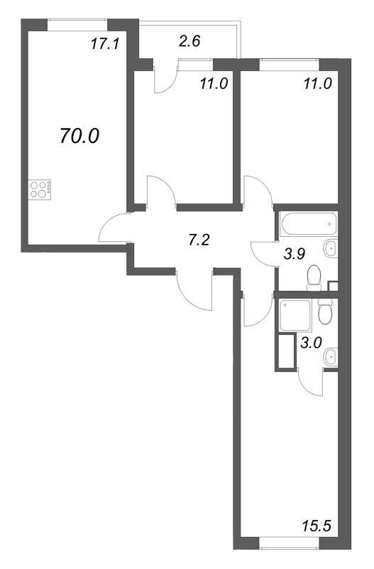 4-комнатная (Евро) квартира, 70 м² в ЖК "Ручьи" - планировка, фото №1