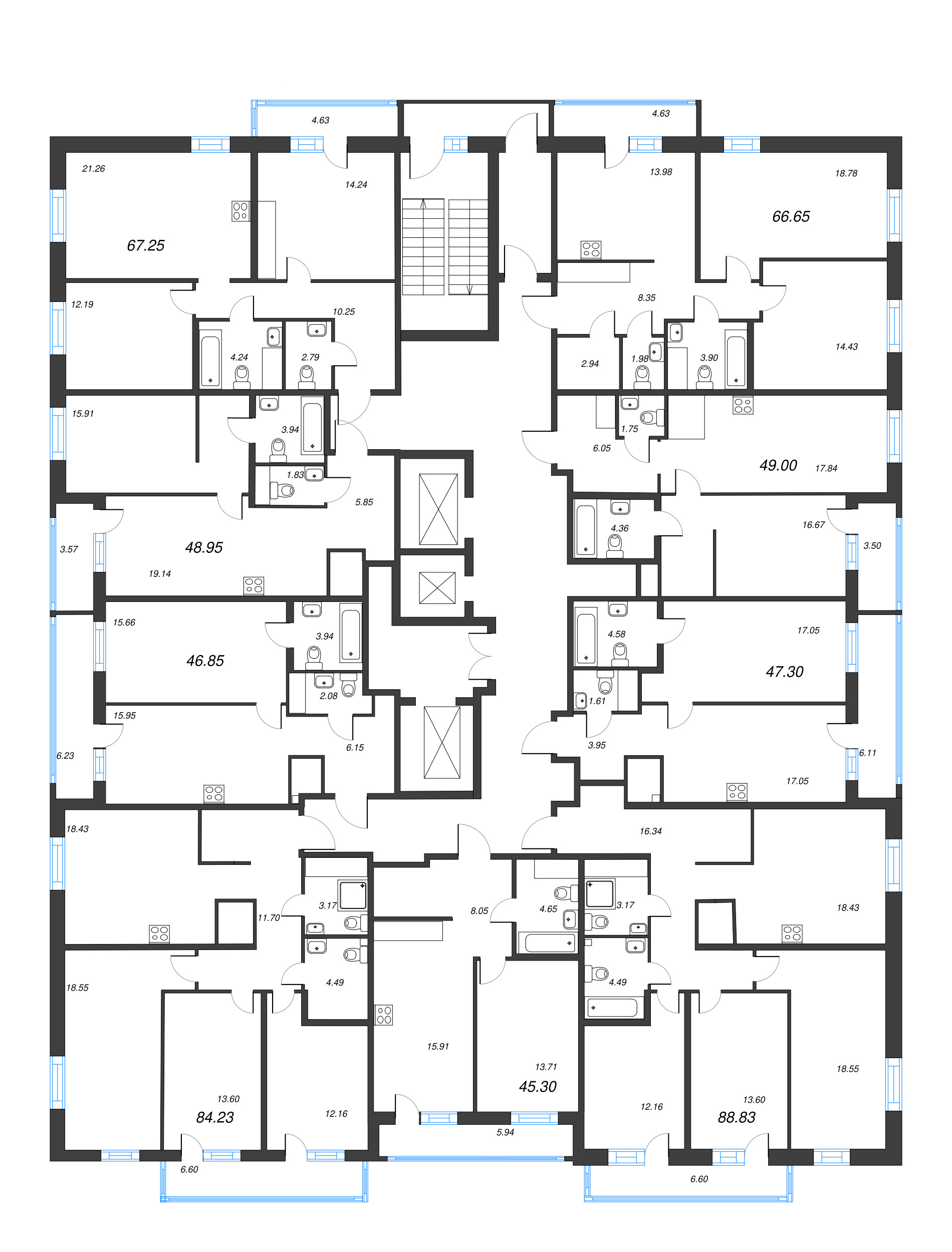4-комнатная (Евро) квартира, 84.23 м² - планировка этажа