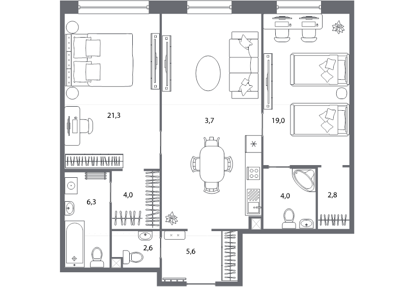 3-комнатная (Евро) квартира, 96.9 м² в ЖК "Северная корона" - планировка, фото №1