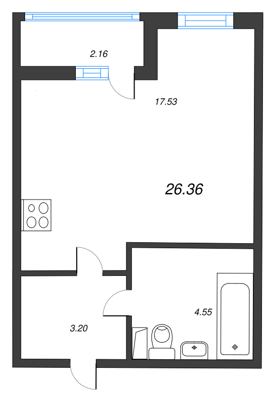 Квартира-студия, 26.36 м² в ЖК "AEROCITY" - планировка, фото №1