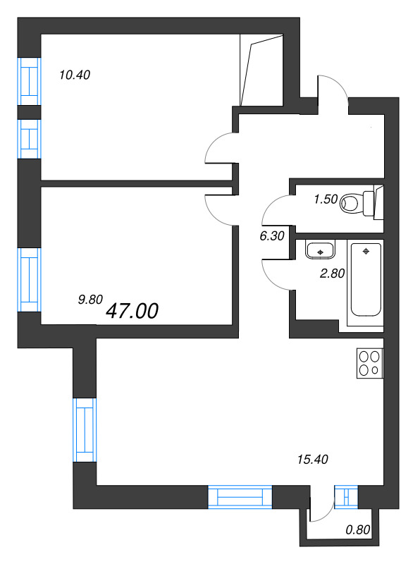 3-комнатная (Евро) квартира, 46.4 м² в ЖК "Эко Квартал Нега" - планировка, фото №1