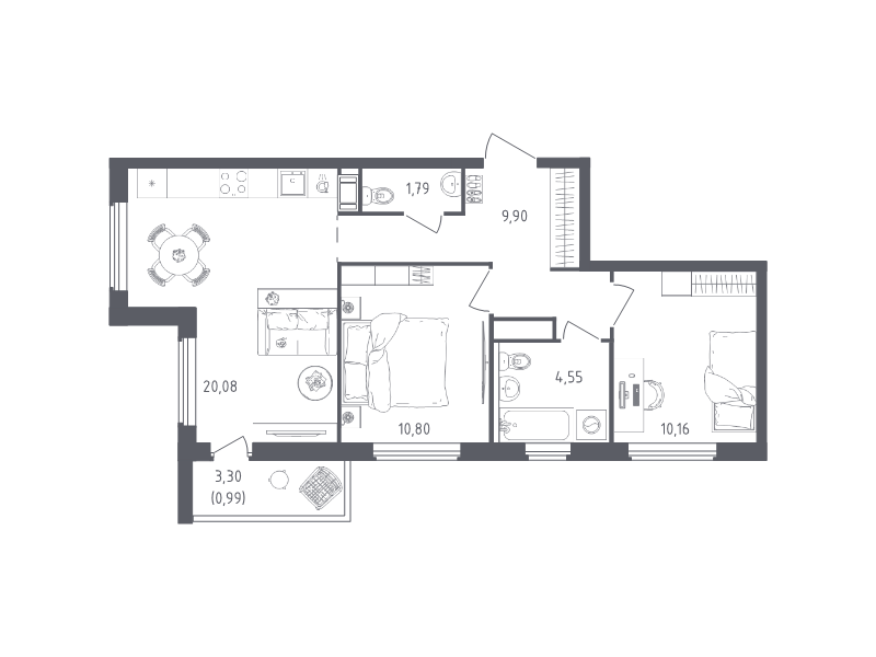 3-комнатная (Евро) квартира, 58.27 м² в ЖК "Южная Нева" - планировка, фото №1