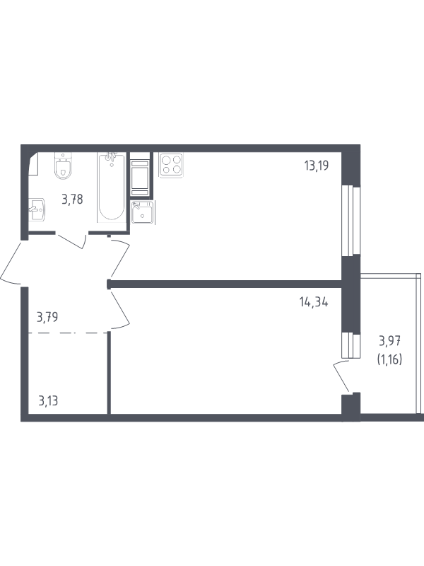1-комнатная квартира, 39.42 м² - планировка, фото №1