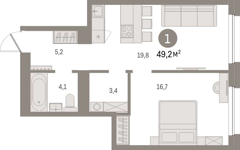 2-комнатная (Евро) квартира, 49.2 м² в ЖК "Северный ветер" - планировка, фото №1