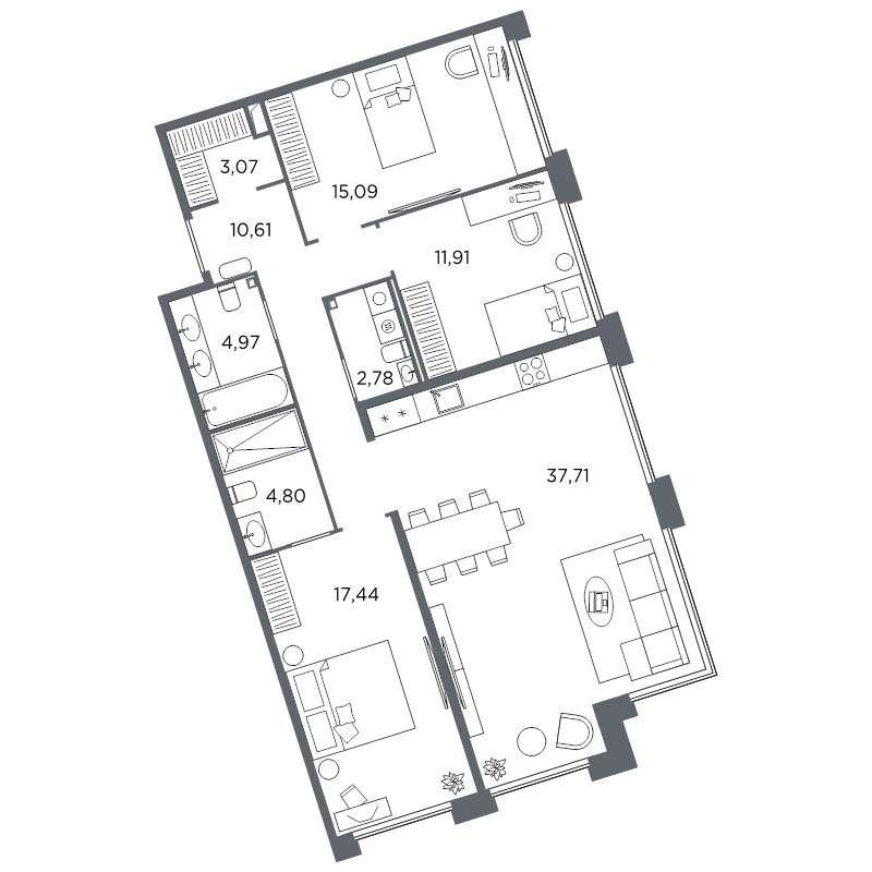 4-комнатная (Евро) квартира, 108.38 м² в ЖК "Акватория" - планировка, фото №1