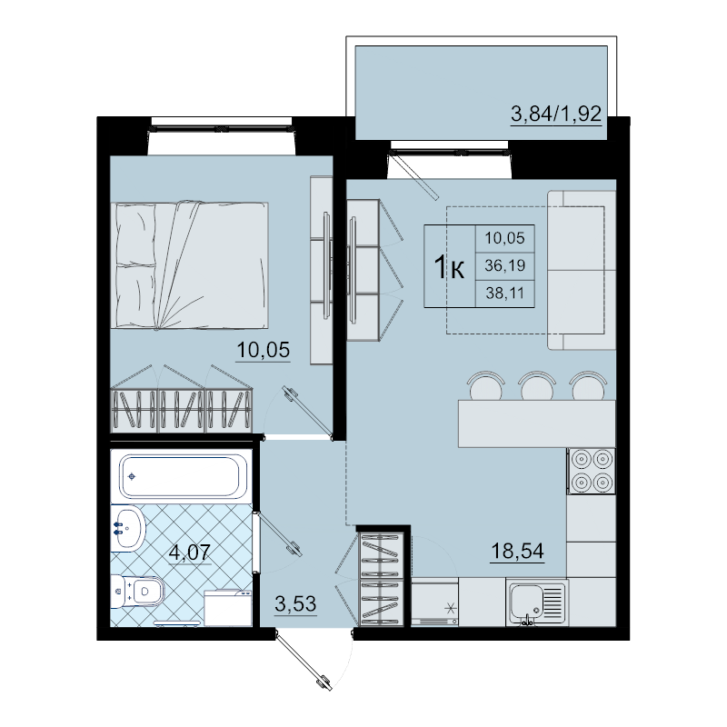 2-комнатная (Евро) квартира, 38.1 м² в ЖК "Северный меридиан" - планировка, фото №1