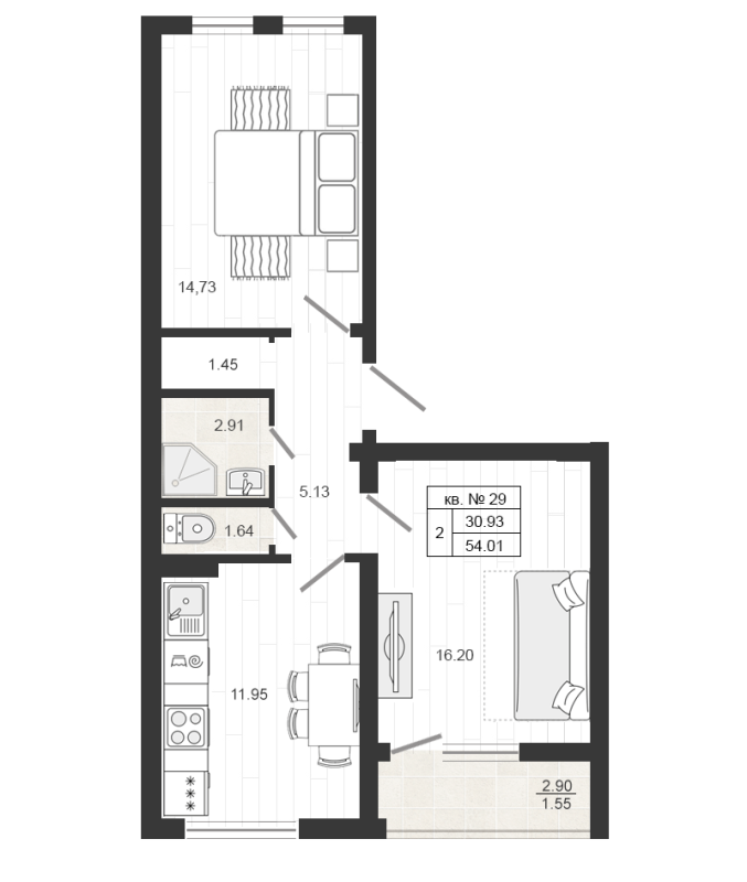 2-комнатная квартира, 55.7 м² - планировка, фото №1