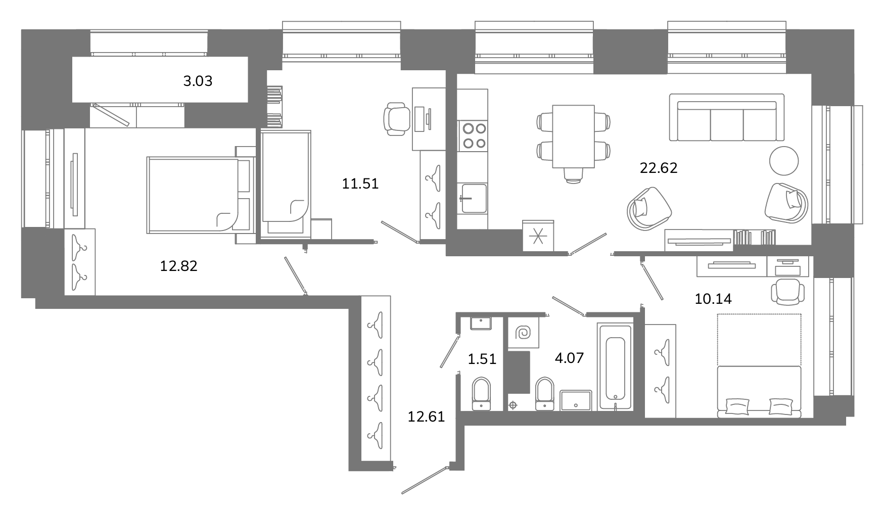 4-комнатная (Евро) квартира, 76.8 м² в ЖК "Твой космос" - планировка, фото №1