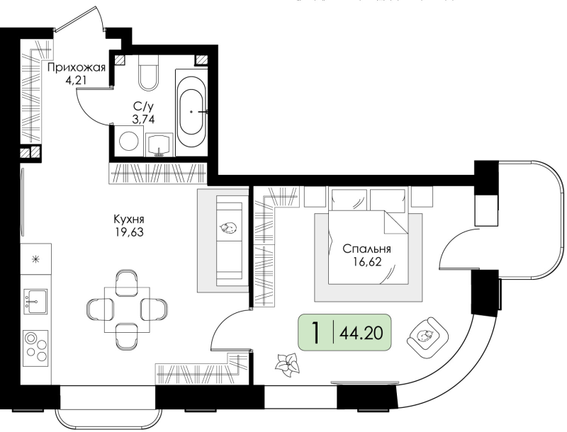 2-комнатная (Евро) квартира, 44.2 м² в ЖК "Всевгород" - планировка, фото №1