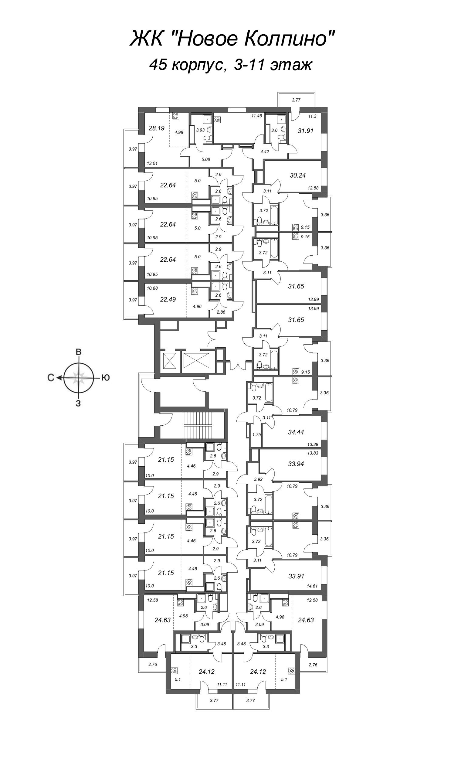 Квартира-студия, 21.15 м² в ЖК "Новое Колпино" - планировка этажа