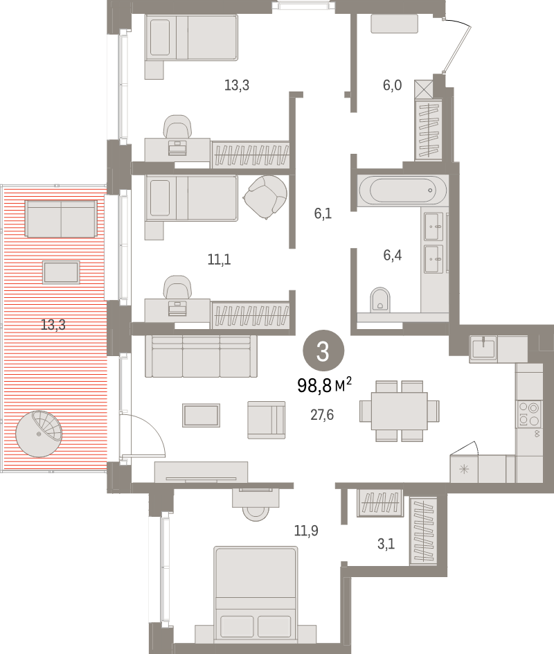 4-комнатная (Евро) квартира, 98.8 м² в ЖК "Брусника в Новоселье" - планировка, фото №1