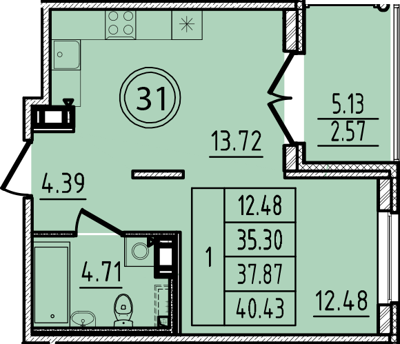 1-комнатная квартира, 35.3 м² в ЖК "Образцовый квартал 14" - планировка, фото №1