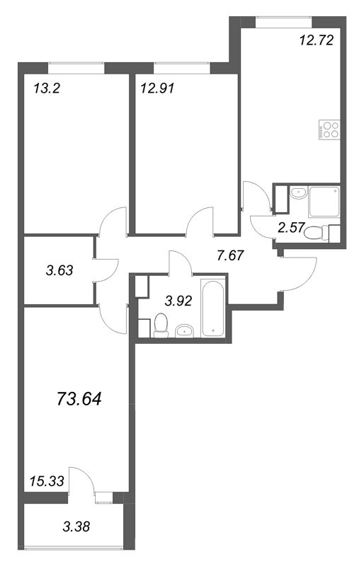 3-комнатная квартира, 73.64 м² в ЖК "Кинопарк" - планировка, фото №1