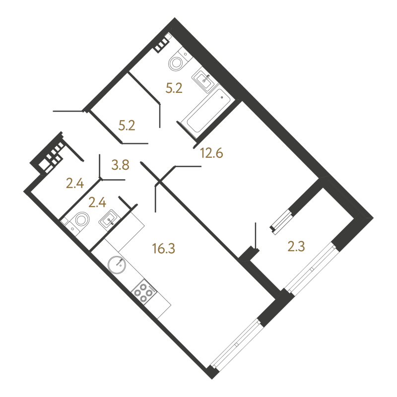 2-комнатная (Евро) квартира, 47.9 м² - планировка, фото №1