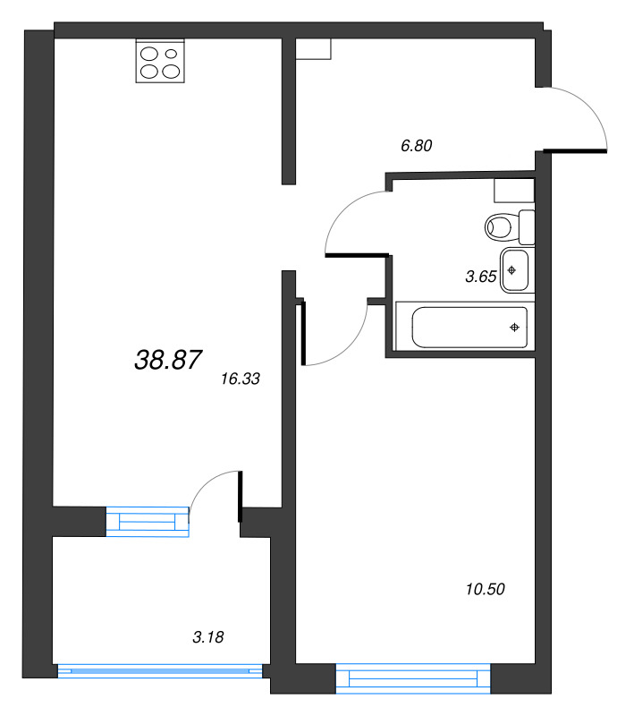 2-комнатная (Евро) квартира, 38.87 м² в ЖК "ЛесАрт" - планировка, фото №1