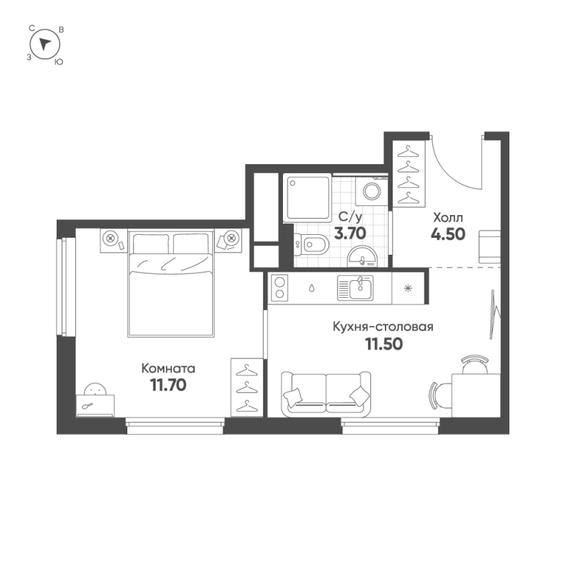 1-комнатная квартира, 31.4 м² в ЖК "Авеню-Апарт Пулково" - планировка, фото №1