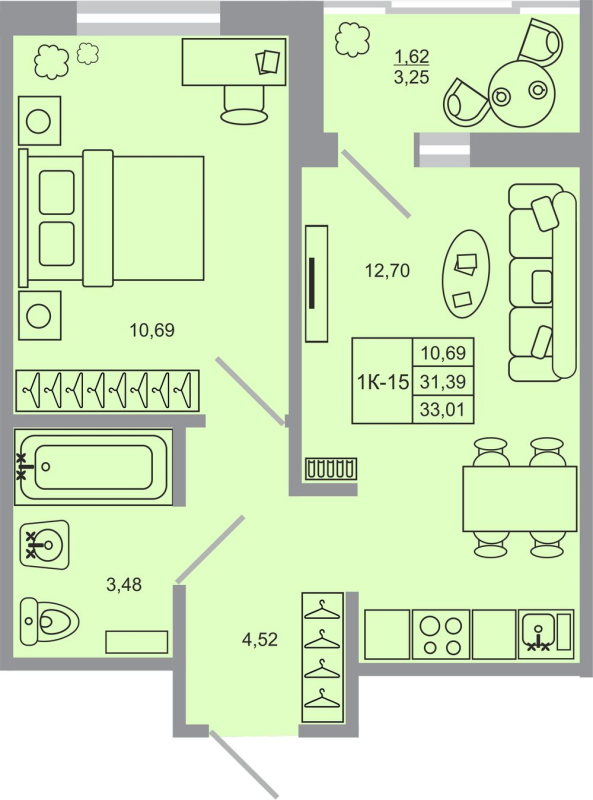 1-комнатная квартира, 33.01 м² - планировка, фото №1