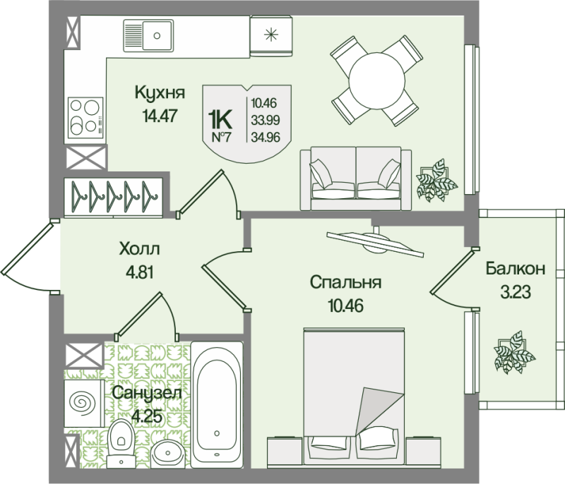 1-комнатная квартира, 34.96 м² в ЖК "Охтинские высоты" - планировка, фото №1