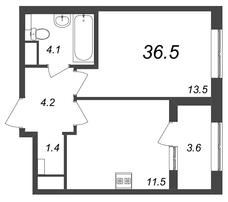 1-комнатная квартира, 36.4 м² - планировка, фото №1