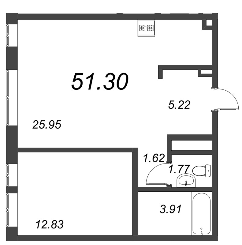 2-комнатная (Евро) квартира, 54.4 м² - планировка, фото №1