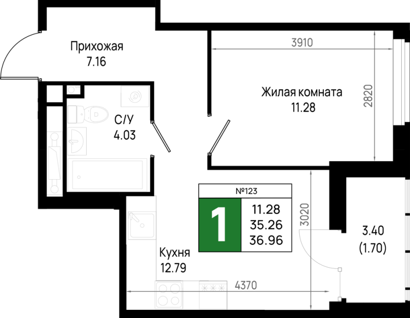 1-комнатная квартира, 36.96 м² - планировка, фото №1