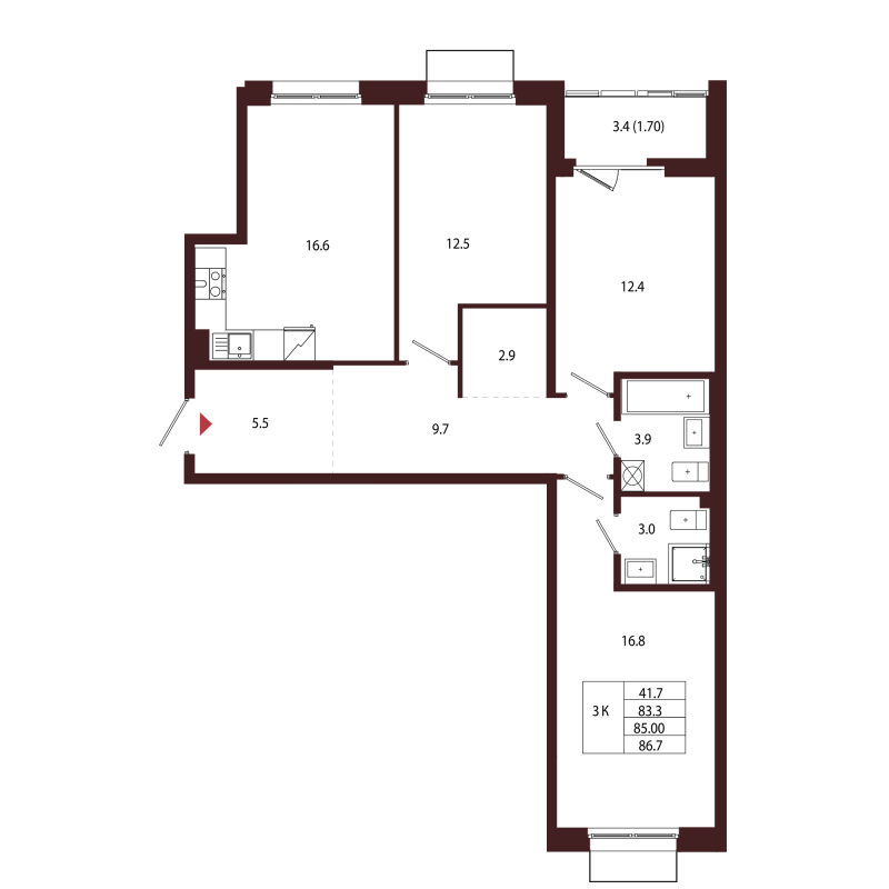 4-комнатная (Евро) квартира, 85 м² в ЖК "Лисино" - планировка, фото №1