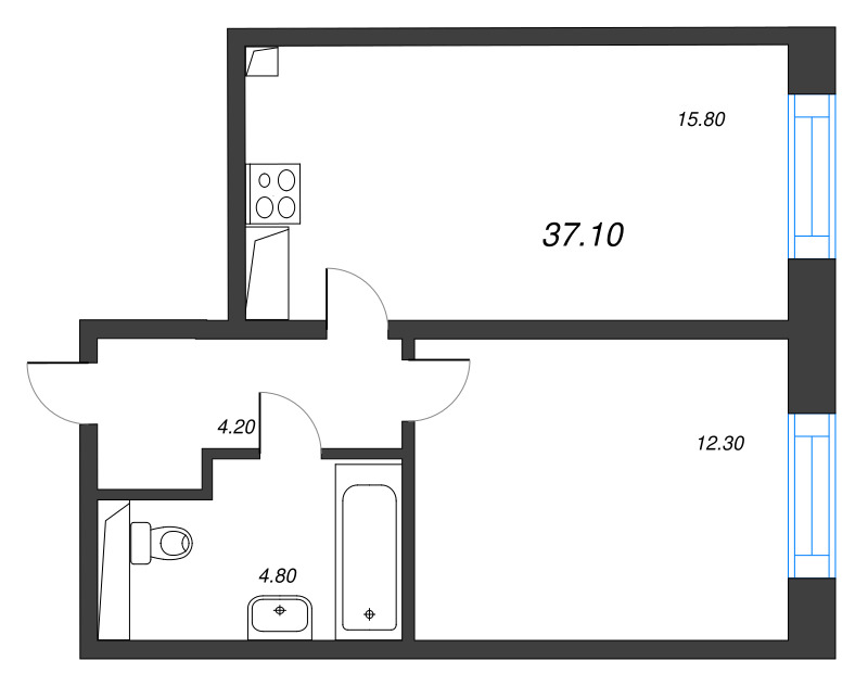 2-комнатная (Евро) квартира, 37.1 м² в ЖК "Большая Охта" - планировка, фото №1