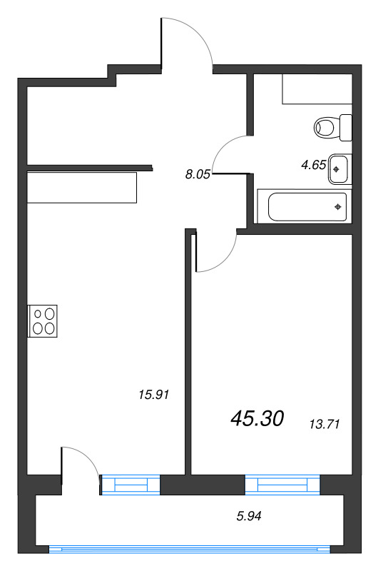 2-комнатная (Евро) квартира, 45.3 м² в ЖК "Окла Вижн" - планировка, фото №1