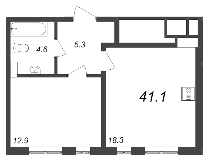 1-комнатная квартира, 41.1 м² - планировка, фото №1